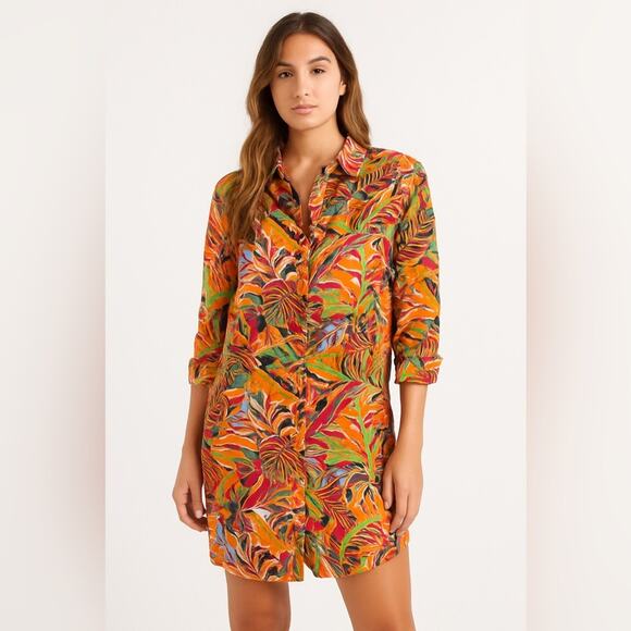 C&C California Linen Blend Button Down Dress Swim Cover Up Resort Wear Medium - Picture 2 of 8